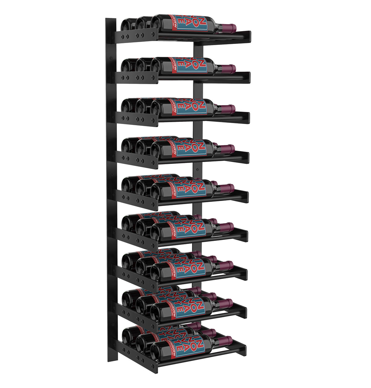 Matte black wine wall bottle rack with multiple rows of slots, red wine bottles
