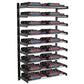 Black 2-column wine bottle wall rack holding bottles in a staggered row on bars