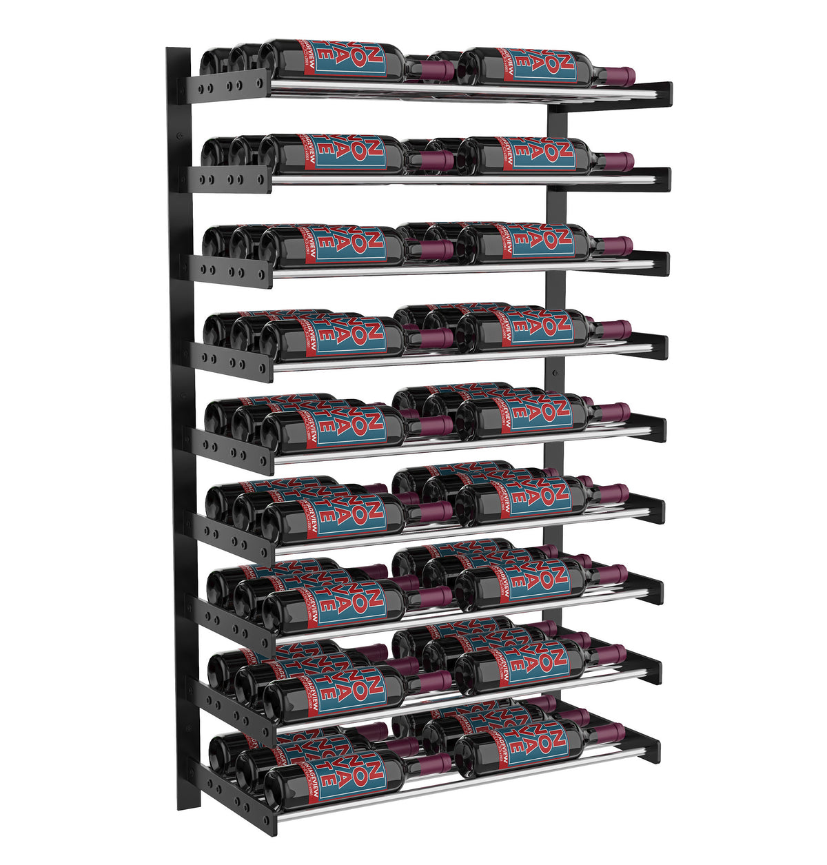 Black 2-column wine bottle wall rack holding bottles in a staggered row on bars