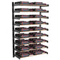 Black wine bottle display wall rack with two columns and bottles seated on metal rails