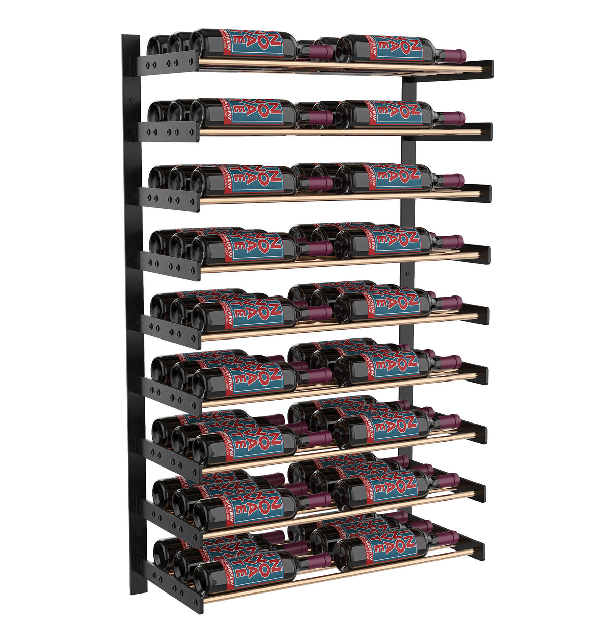 Black wine bottle display wall rack with two columns and bottles seated on metal rails