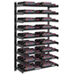 Black 2-column wine bottle wall rack with multiple bottles on horizontal metal shelves