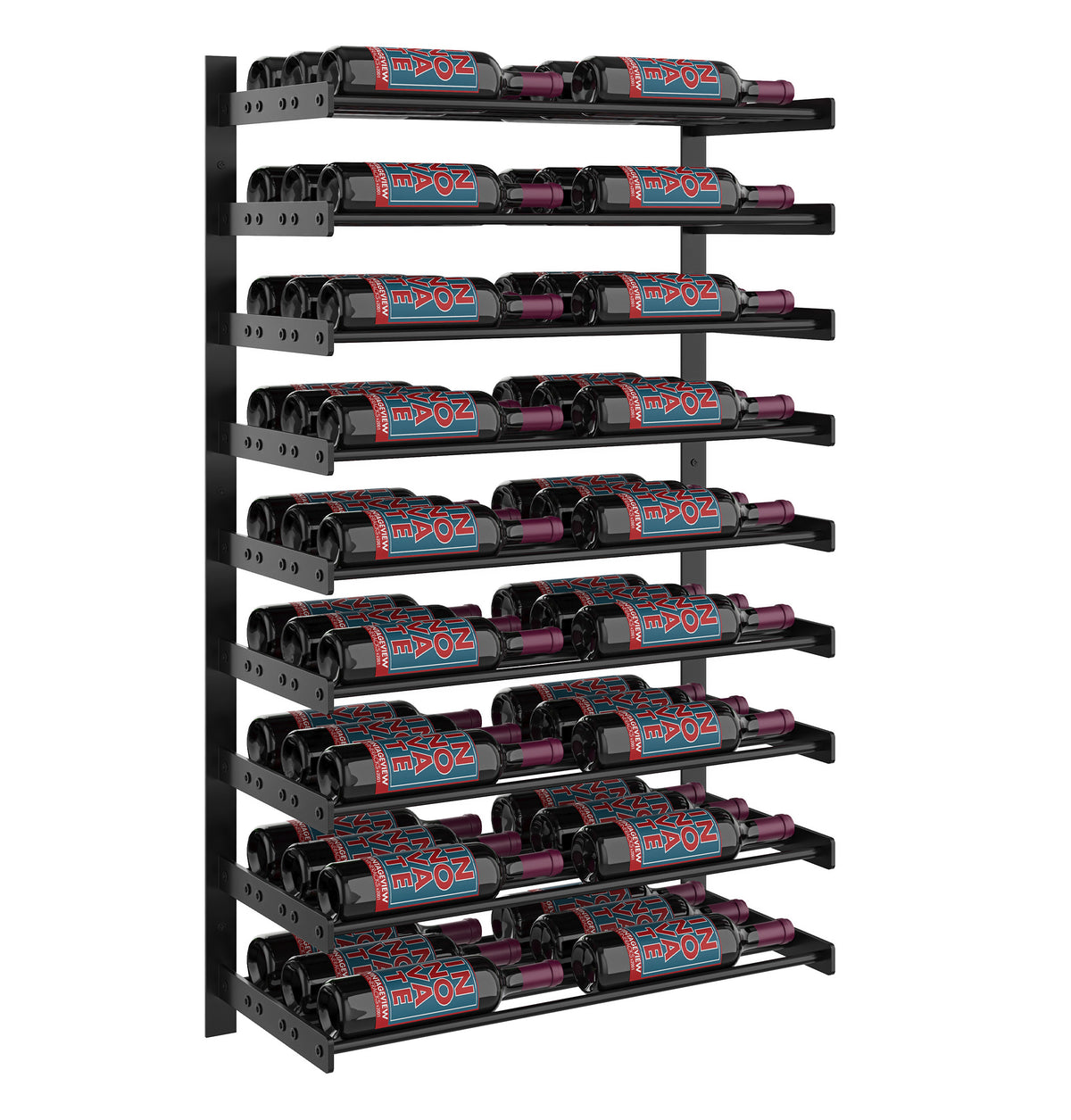 Black 2-column wine bottle wall rack with multiple bottles on horizontal metal shelves