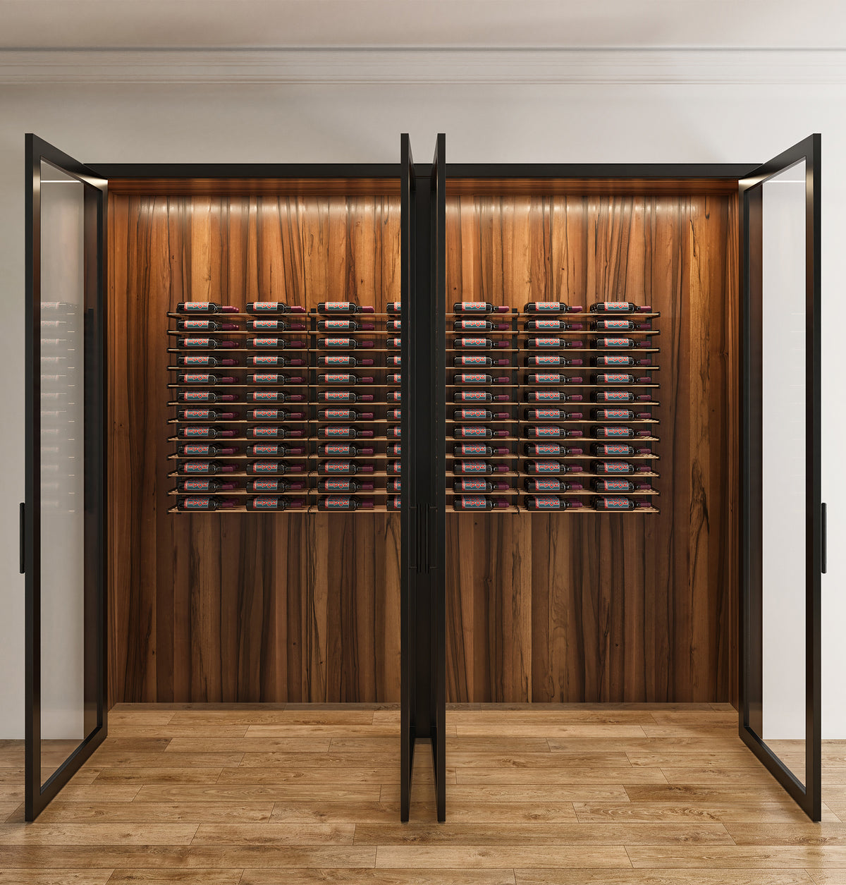 Wood wine storage cabinet interior with black-framed 2-column bottle rack and bottles