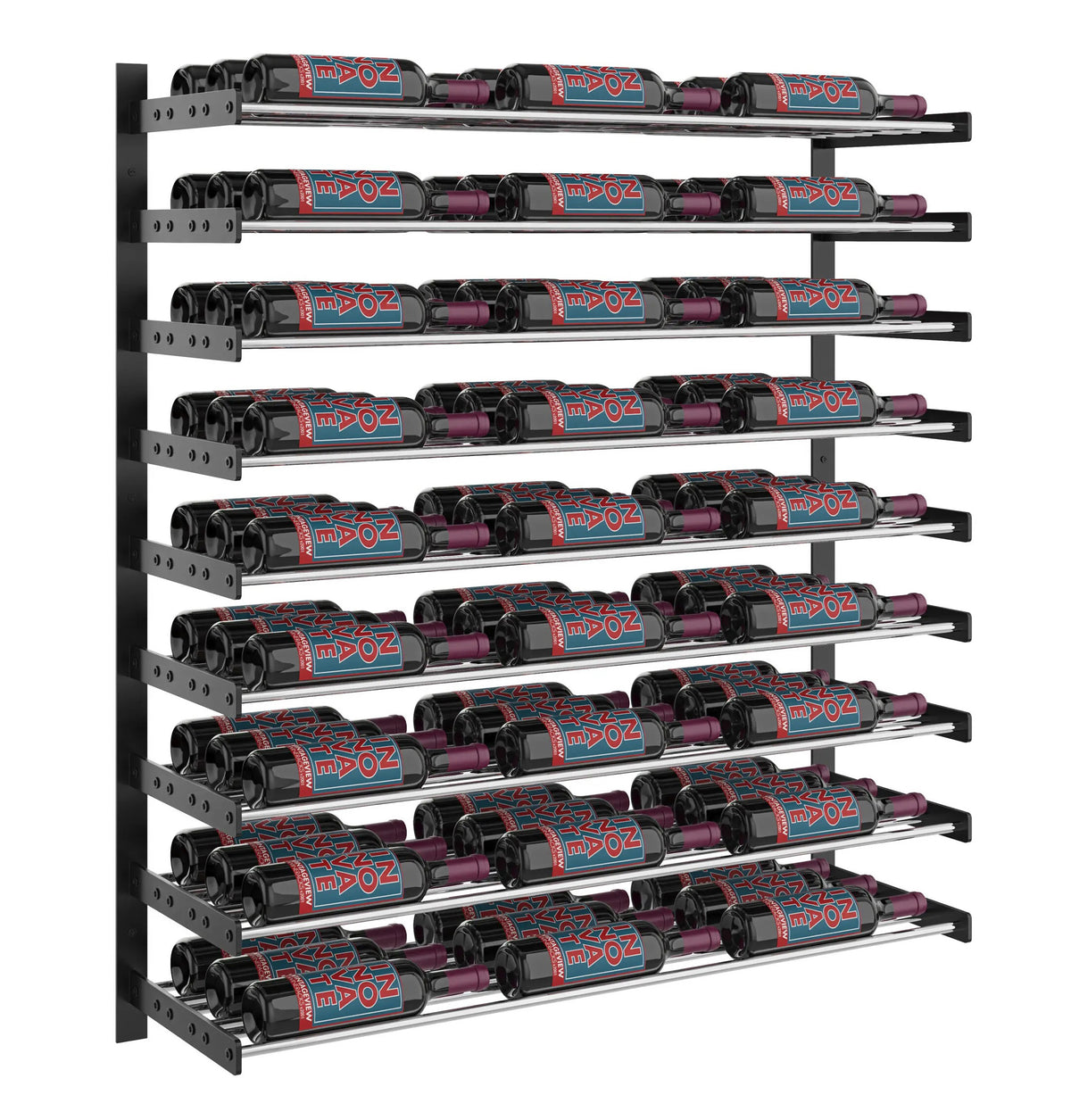 45-inch wine bottle wall rack in dark metal finish with evenly spaced bottle rows