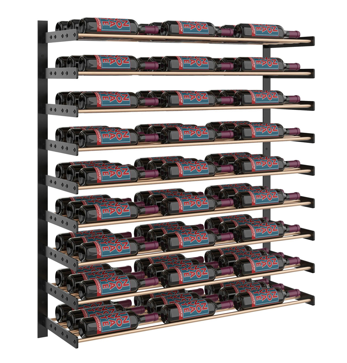45-inch wine bottle wall rack featuring bottle rows with black rails and side plates