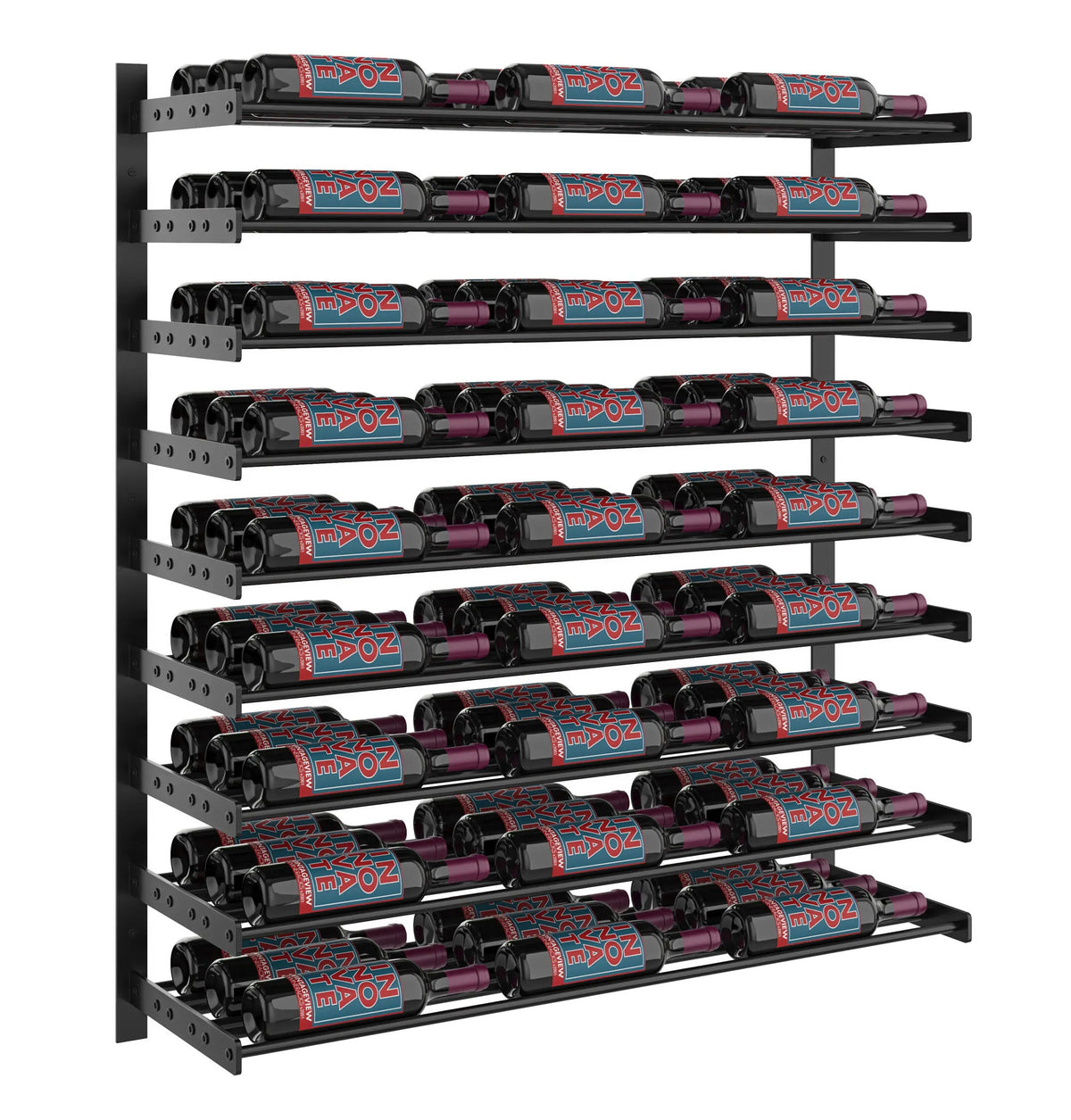 Wine bottle wall rack, 45-inch, with multiple bottles on horizontal bars and brackets