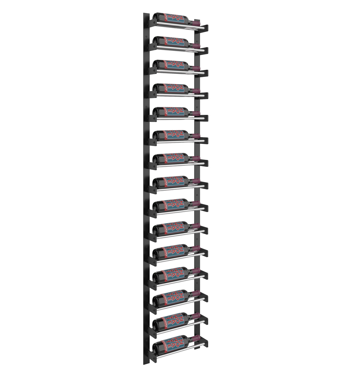 Single-column wine bottle rack angled view with matte black metal bottle holders