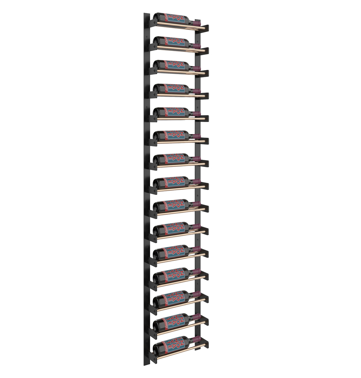 Matte black single-column wine rack with curved bottle slots and shelf bars