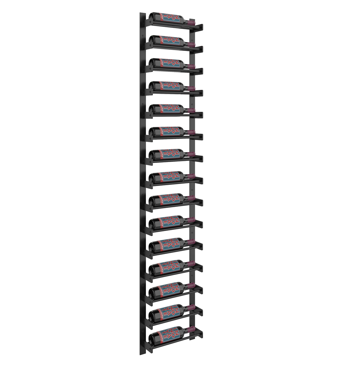 Side view of matte black single-column wine bottle rack with curved bottle supports