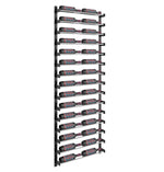 Two-column wine bottle wall rack with black frame and repeated bottle storage cradles