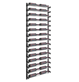 Two-column wine bottle wall rack with black frame and repeated bottle storage cradles