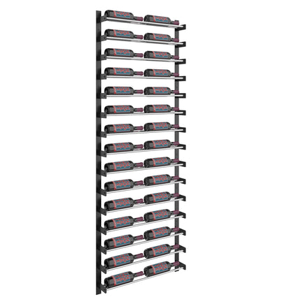 Two-column wine bottle wall rack with black frame and repeated bottle storage cradles