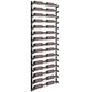 Narrow side view of two-column wine bottle wall rack with black frame and bottle cradles