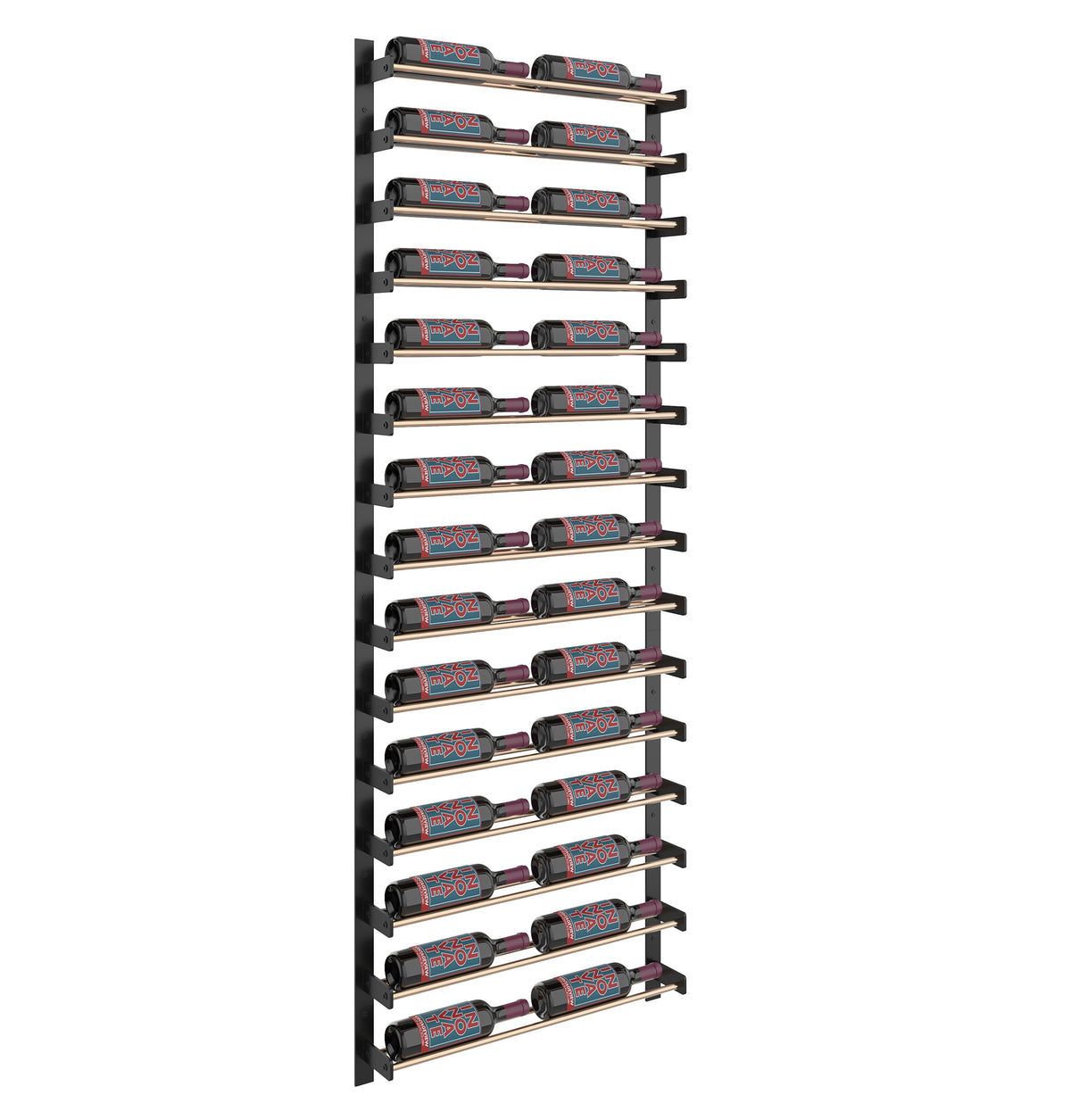 Narrow side view of two-column wine bottle wall rack with black frame and bottle cradles