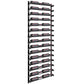Two-column wine bottle wall rack with black metal frame and rows of wine bottles