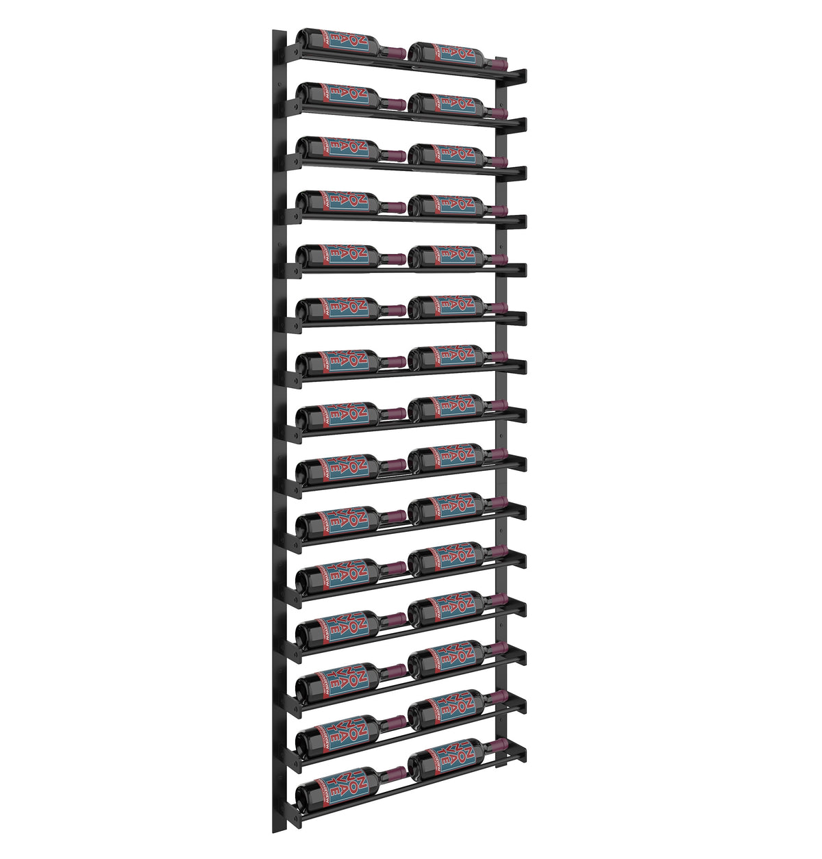 Two-column wine bottle wall rack with black metal frame and rows of wine bottles