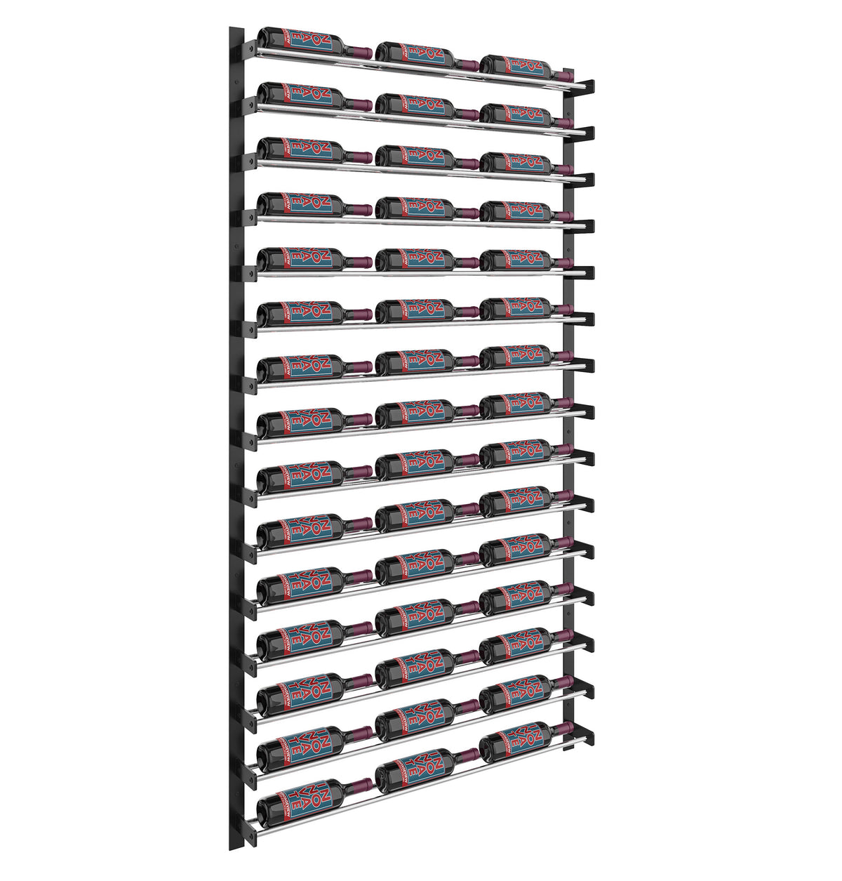 Black wine bottle wall rack with multiple rows of holders, angled view of dark bottles