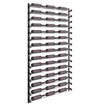 Black wine bottle wall rack with multiple rows of holders, angled view of dark bottles