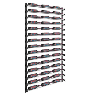 Black wine bottle wall rack with multiple rows of holders, angled view of dark bottles