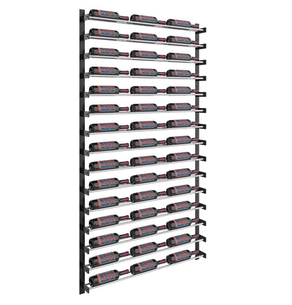 Black wine bottle wall rack with multiple rows of holders, angled view of dark bottles