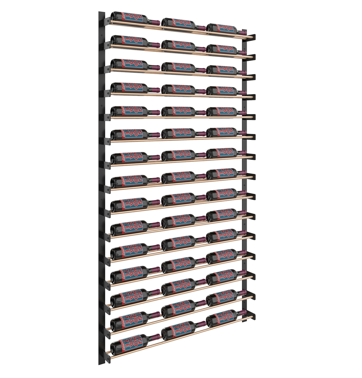 Wine bottle display wall rack with multiple bottle rows and dark bottles in holders
