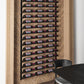Wine bottle wall display with light wood frame and black metal bottle racks