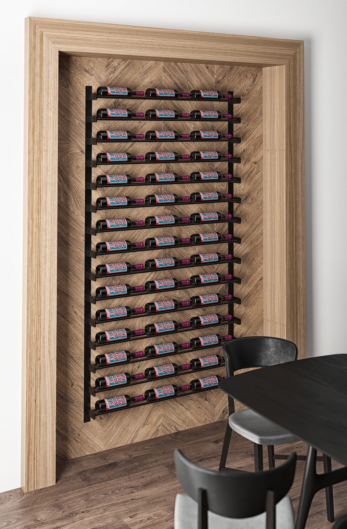 Wine bottle wall display with light wood frame and black metal bottle racks