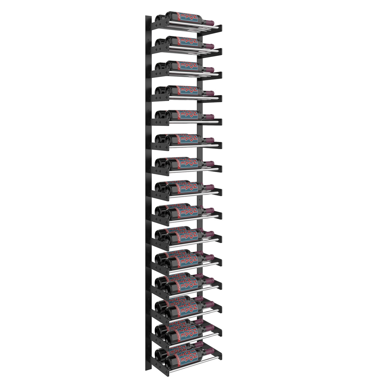 Single-column wall wine rack with matte black frame and curved bottle holders