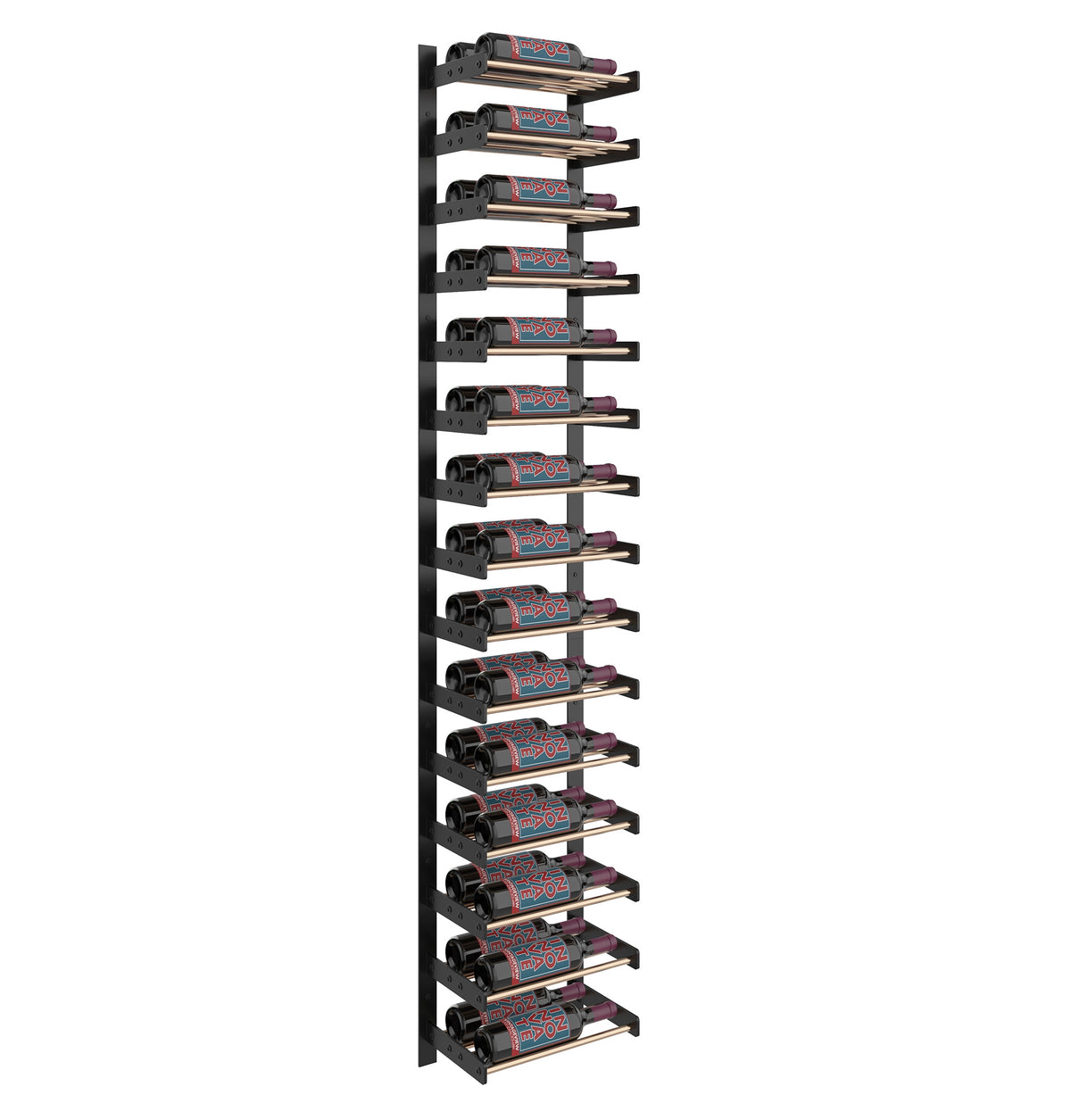 Matte black single-column wine bottle holder rack showing curved bottle slots