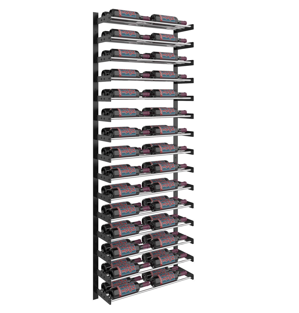 Front view of two-column wine bottle wall rack with black frame and bottle storage cradles
