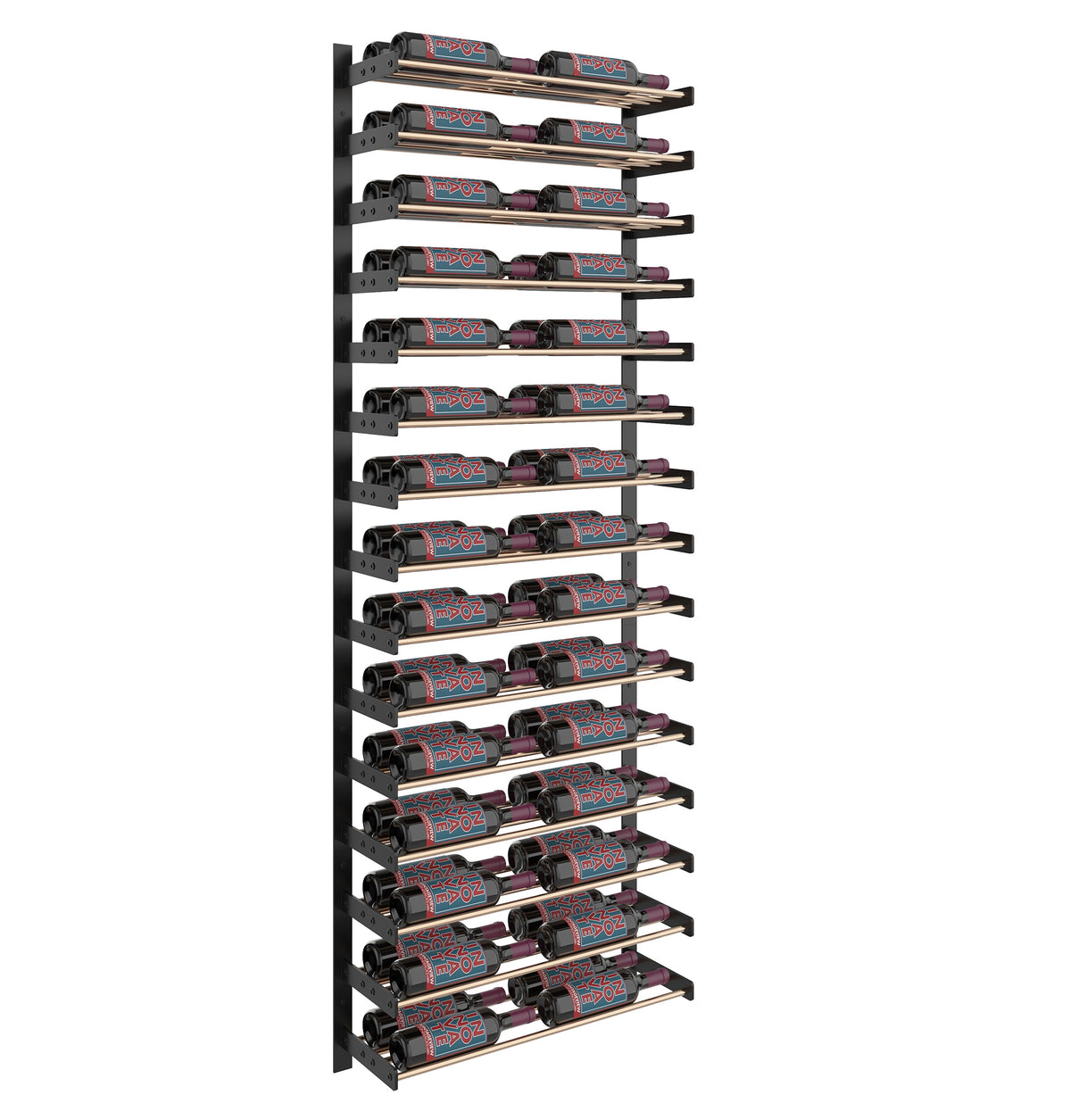 Two-column wine bottle wall rack featuring black frame bars and multiple bottle slots