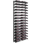 Two-column wine bottle wall rack with black metal frame and tightly spaced bottle holders