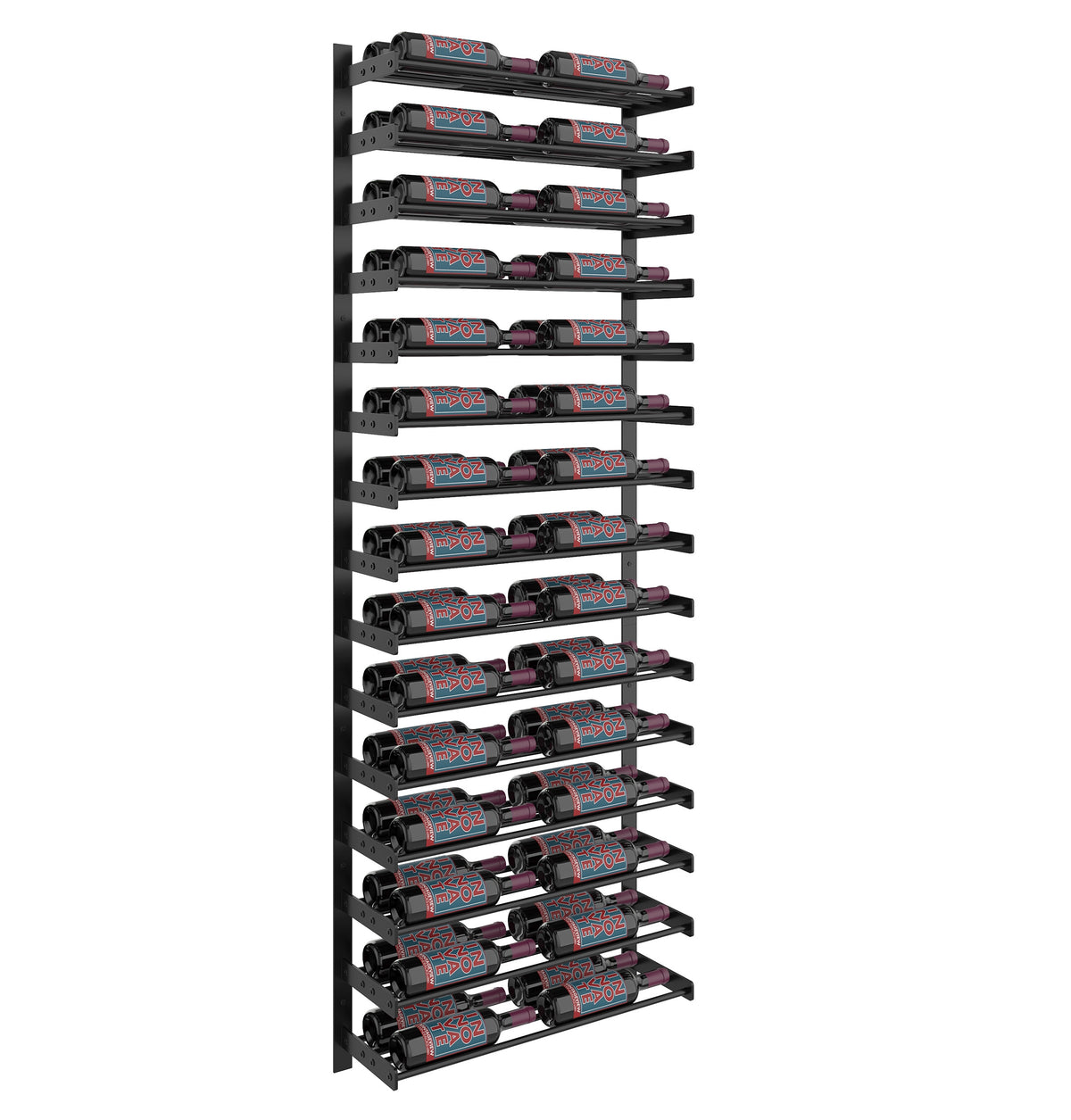 Two-column wine bottle wall rack with black metal frame and tightly spaced bottle holders