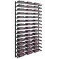 Wine bottle display wall rack with white-and-black bottle holders and rows of dark bottles