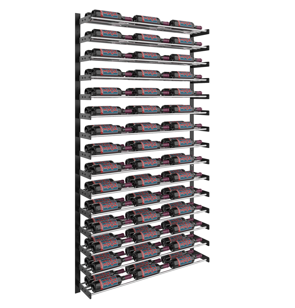 Wine bottle display wall rack with white-and-black bottle holders and rows of dark bottles