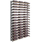Wine bottle wall rack showing holder rows and dark bottles on a black frame