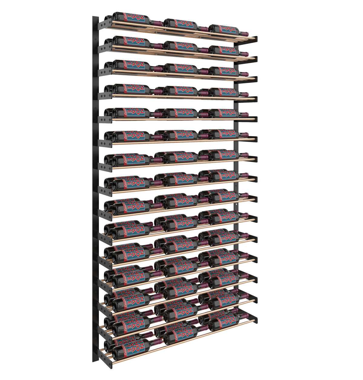 Wine bottle wall rack showing holder rows and dark bottles on a black frame