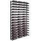 Three-column wine bottle wall rack with dark bottles in a grid of black holders