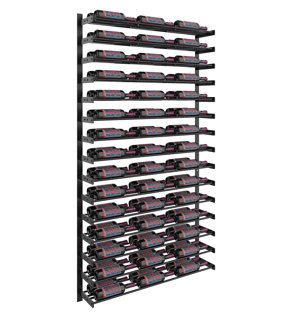 Three-column wine bottle wall rack with dark bottles in a grid of black holders
