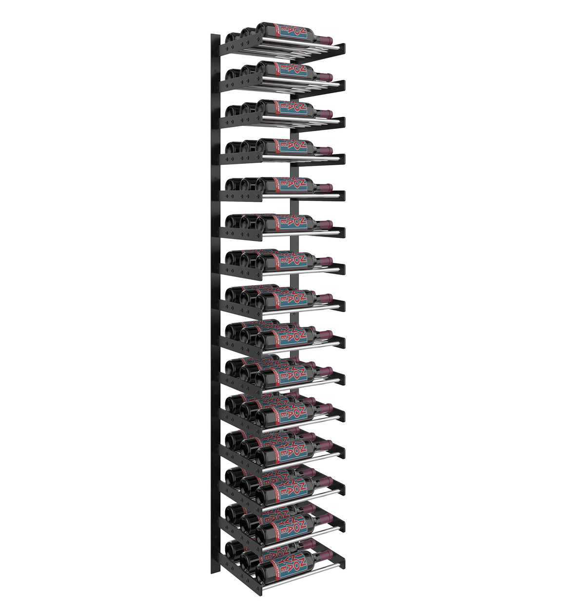 Single-column wall wine bottle rack with matte black metal curved bottle holders