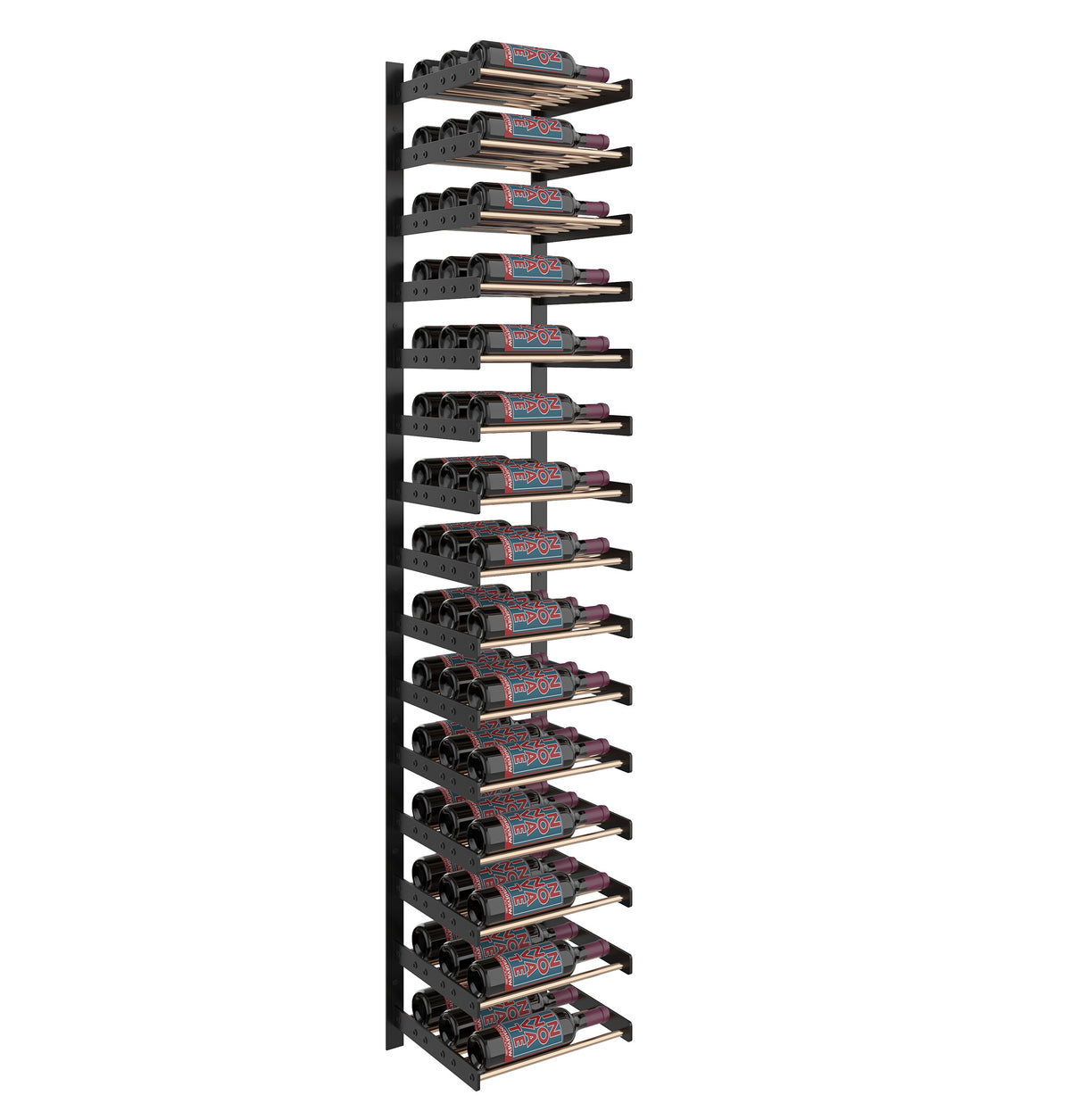 Matte black single-column wine rack with multiple curved bottle holders