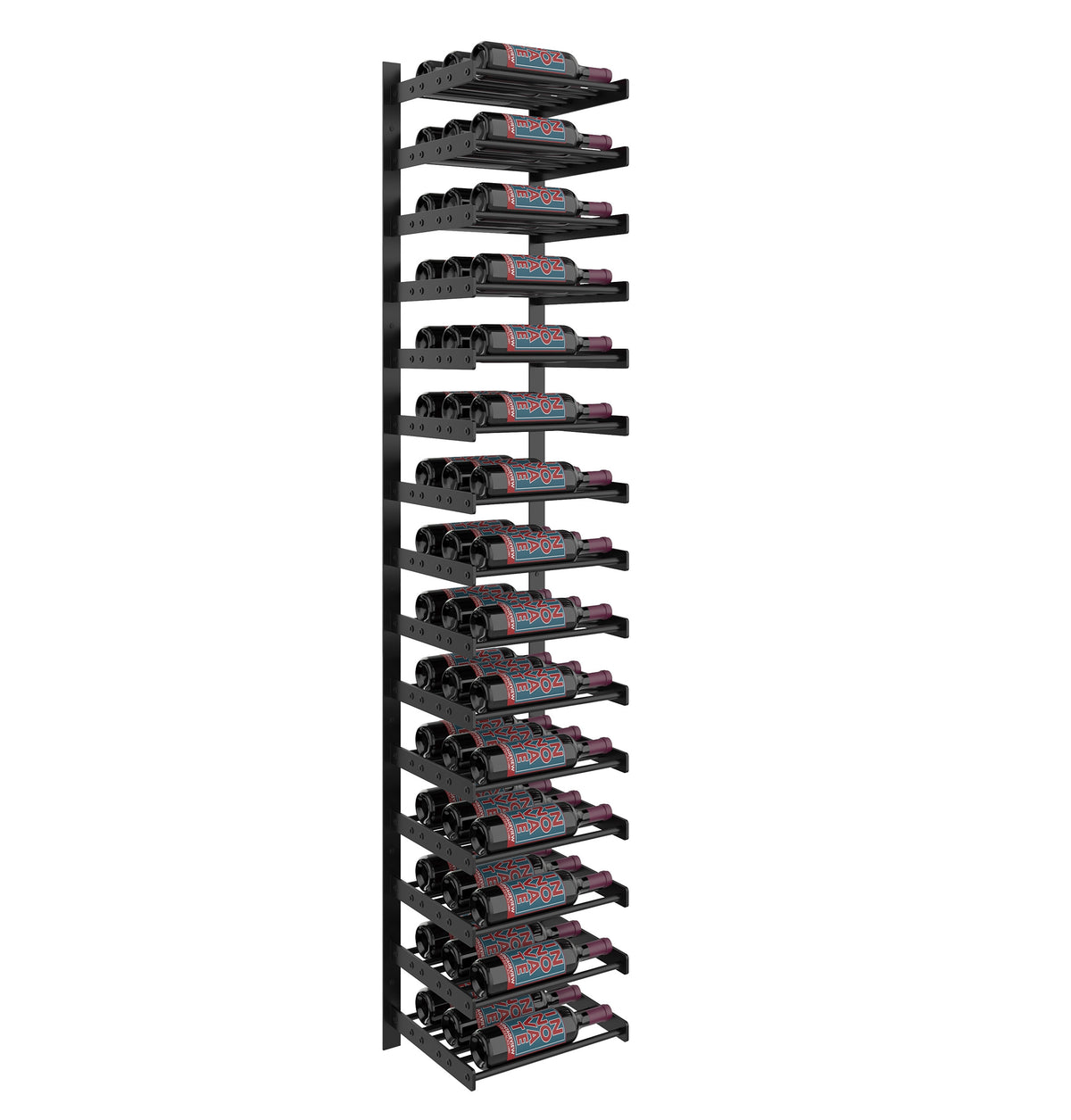 Single-column wine bottle display rack in matte black with curved bottle slots