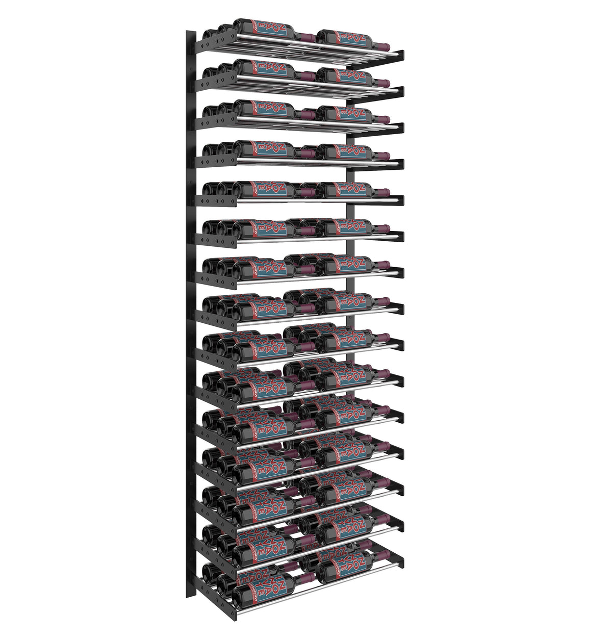 Two-column wine bottle wall rack with matte black frame and multiple bottle cradles