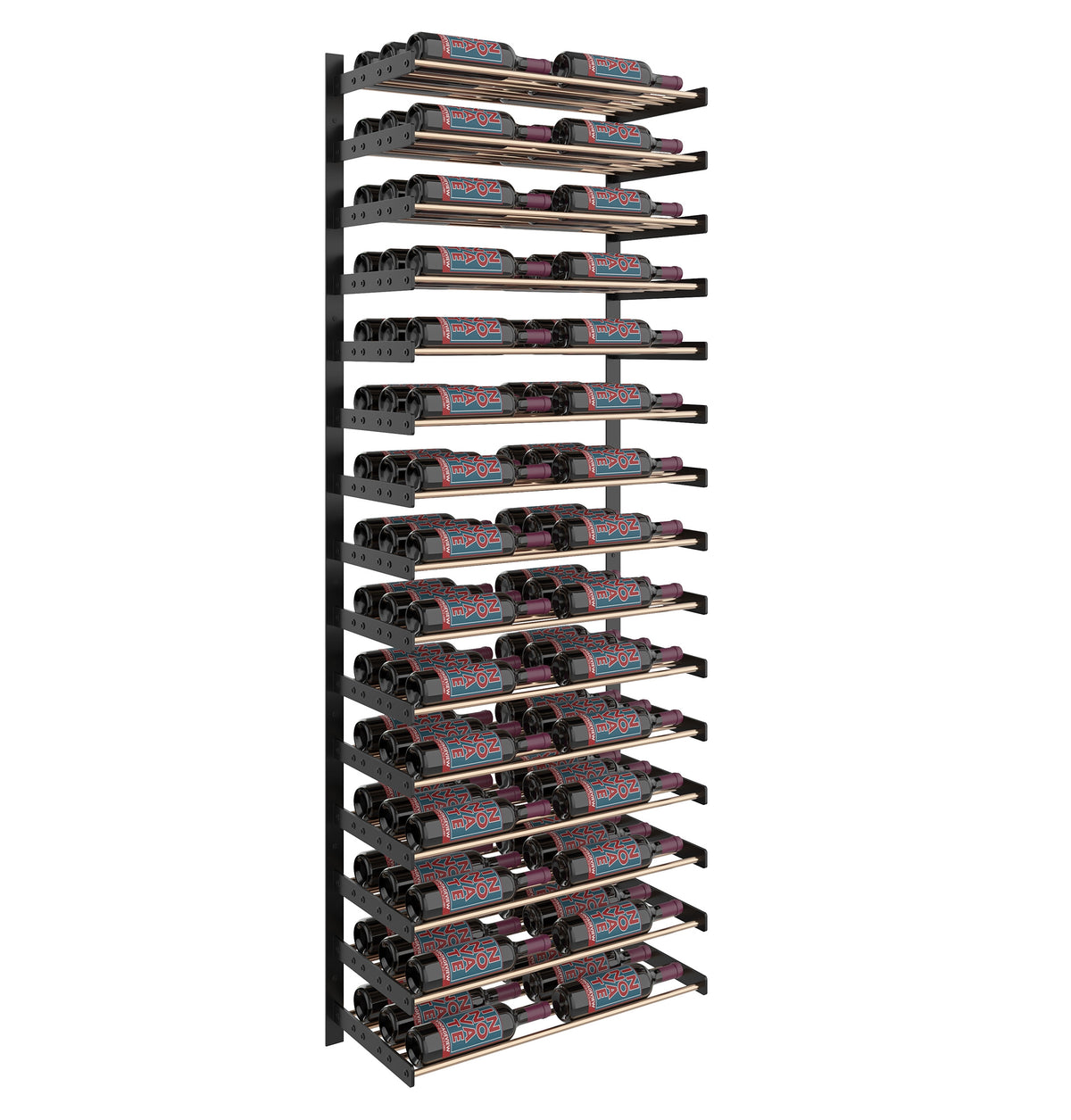 Two-column wine bottle wall rack in black metal with stacked rows of bottle cradles