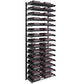 Tall two-column wine bottle wall rack with black metal frame and rows of bottle holders