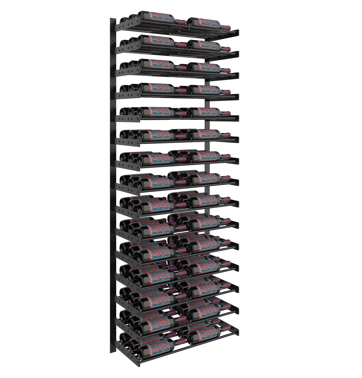 Tall two-column wine bottle wall rack with black metal frame and rows of bottle holders