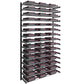 Three-column wine bottle wall rack with matte black frame and rows of dark bottles