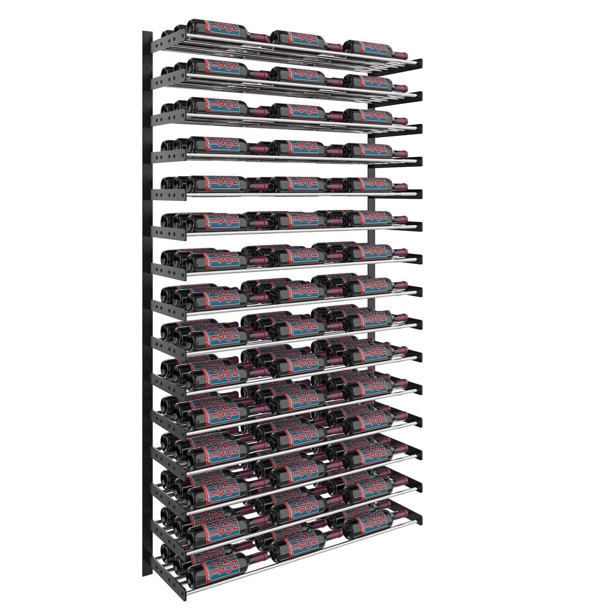Three-column wine bottle wall rack with matte black frame and rows of dark bottles