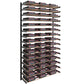 Three-column wine bottle wall rack with matte black frame and dark bottle rows
